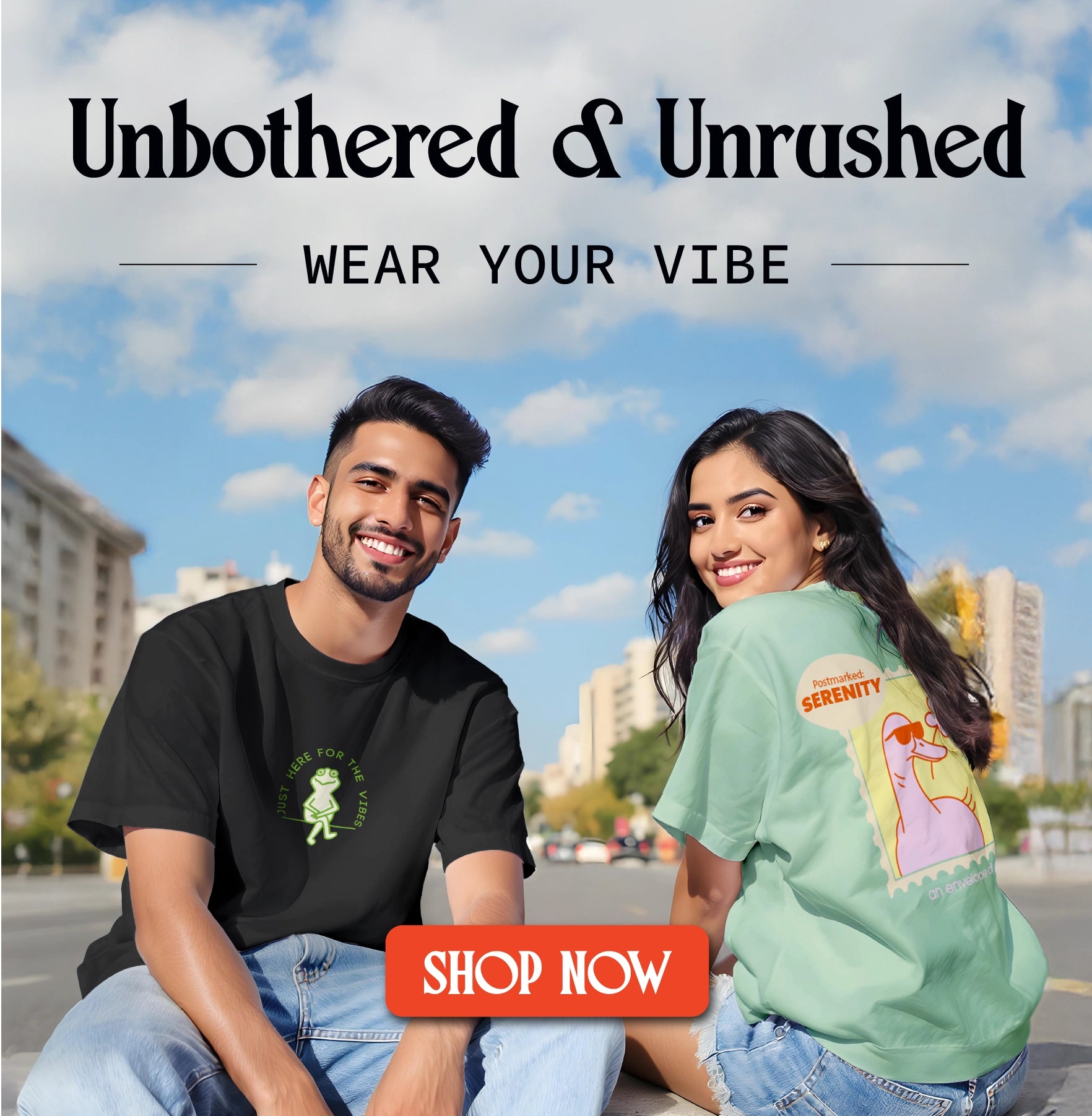 Two people sitting outdoors with text 'Unbothered & Unrushed' and 'Wear Your Vibe'.